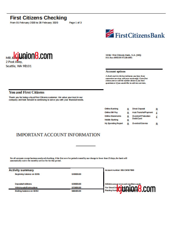 First Century Bank银行对账单