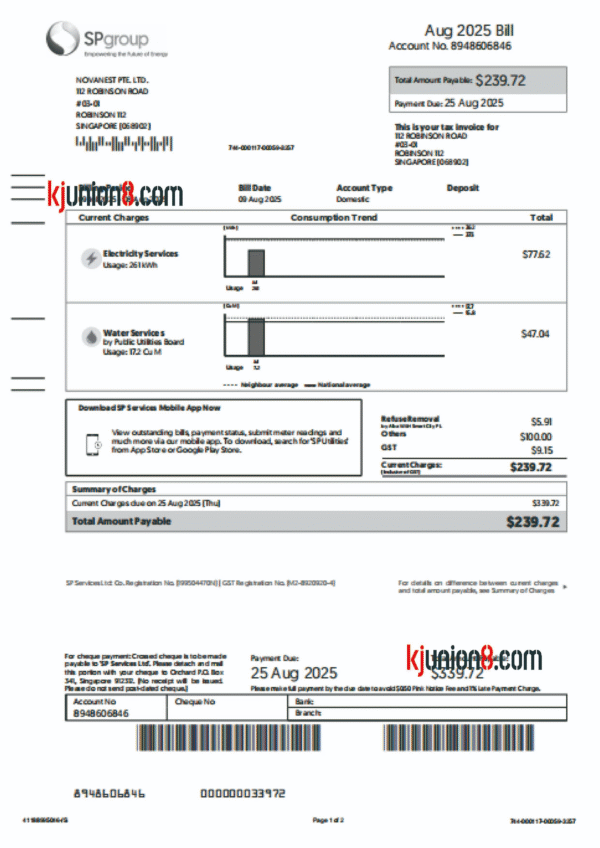 新加坡水费账单
