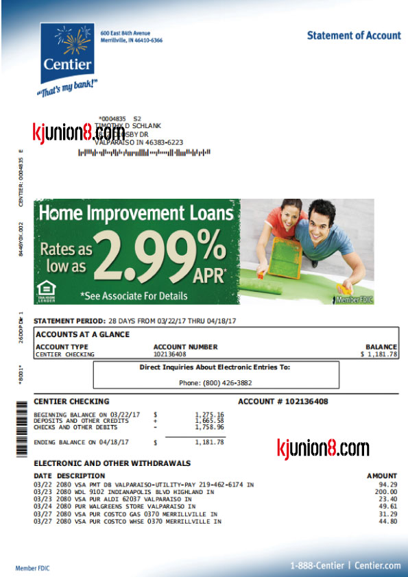 Centier-Bank(美国印第安纳州社区银行）对账单