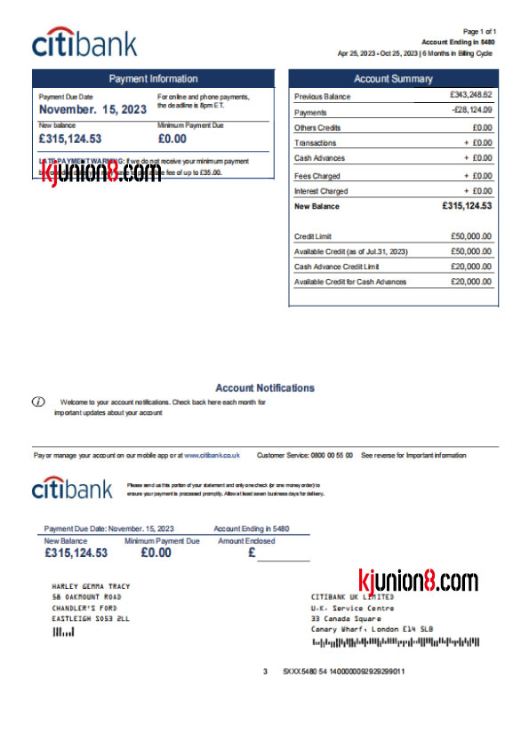 Citibank（花旗银行，英国分行）信用卡对账单