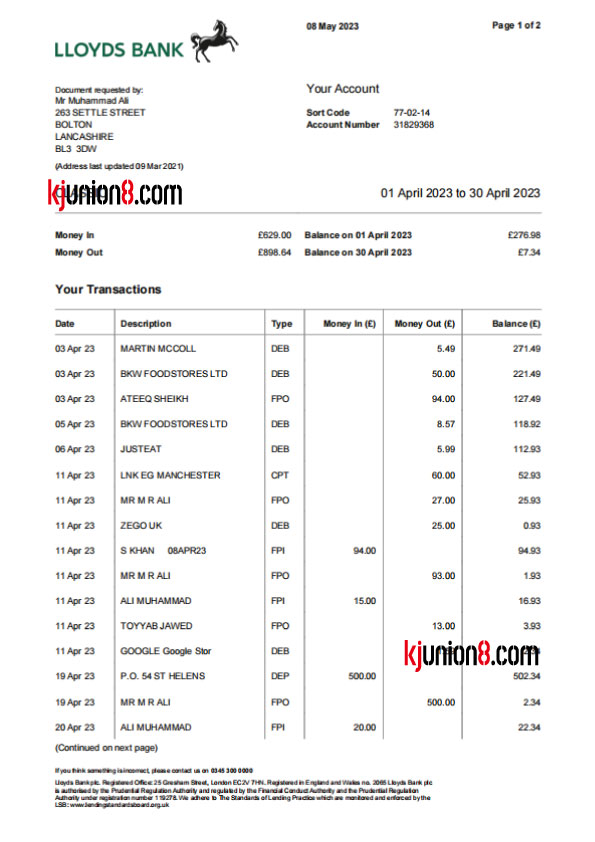 Lloyds-Bank（英国劳埃德银行）对账单