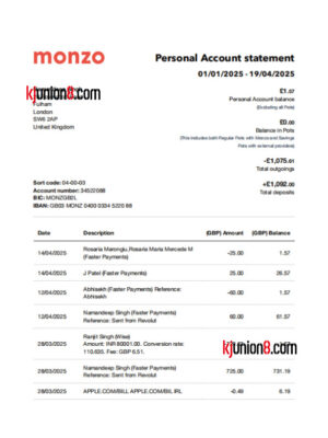 Monzo银行个人账户对账单