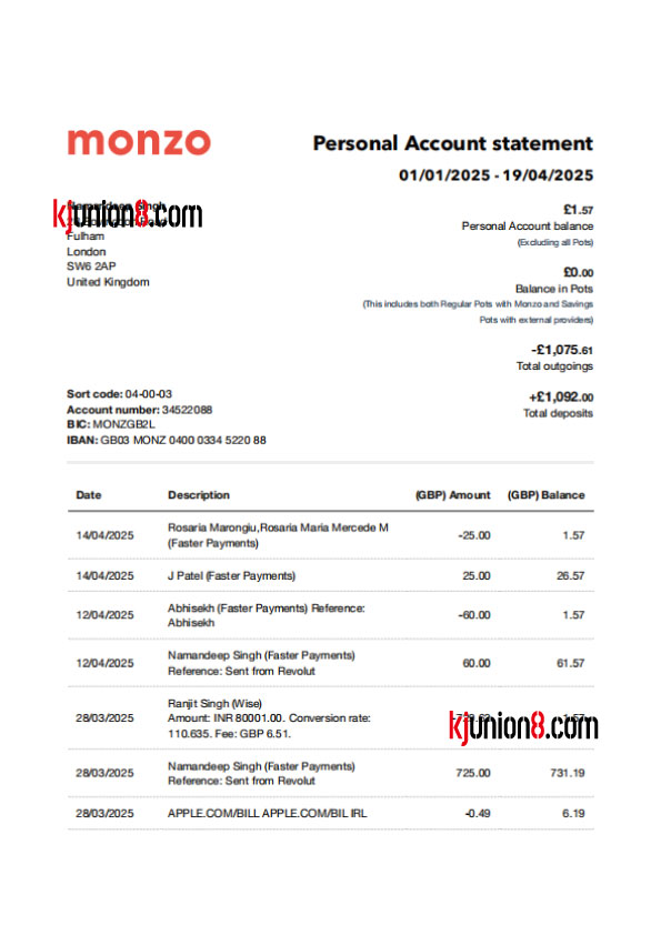 Monzo银行个人账户对账单