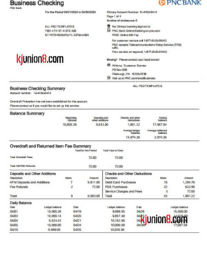 PNC BANK银行对账单（Business-Checking）