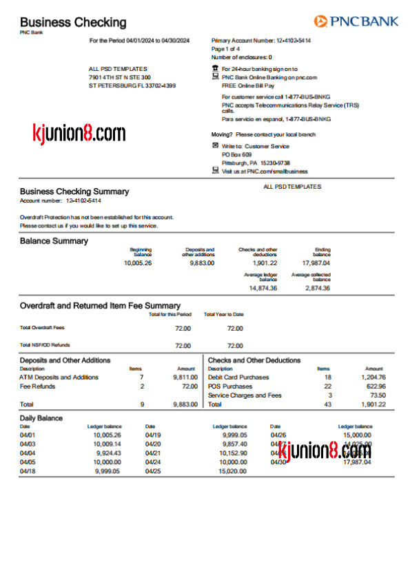 PNC BANK银行对账单（Business-Checking）