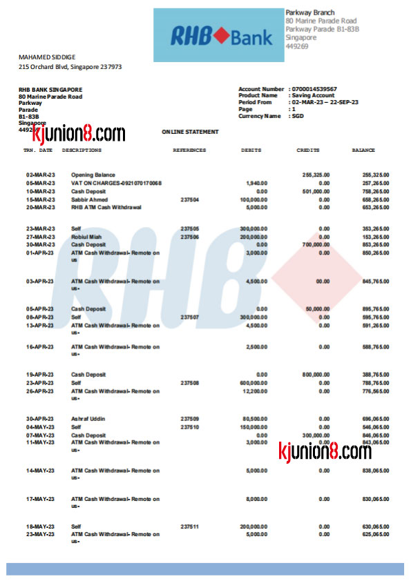 RHB-Bank（新加坡分行）对账单