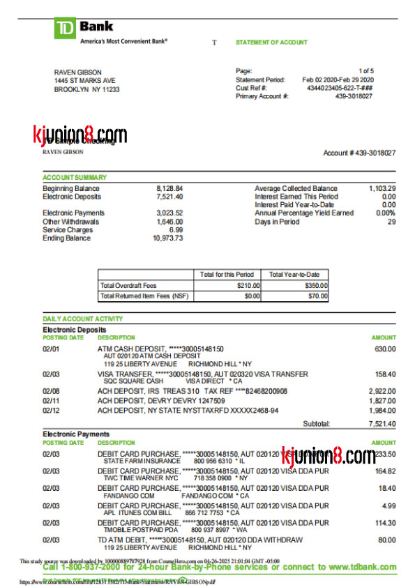 TD-Bank-(加拿大多伦多道明银行美国分行）对账单