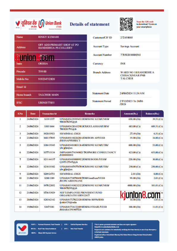 Union-Bank-of-India银行对账单