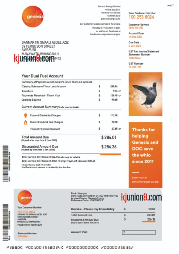 新西兰电费和燃气账单