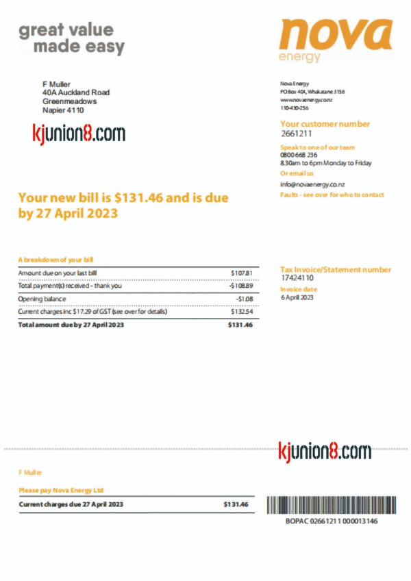 新西兰电费账单