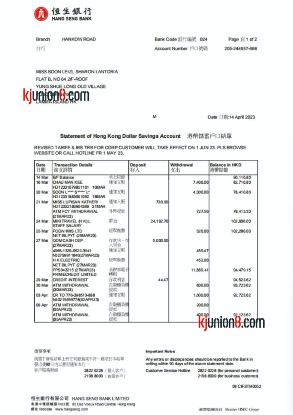 香港恒生银行流水账单