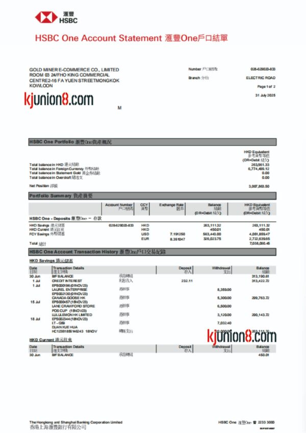 香港汇丰银行流水账单