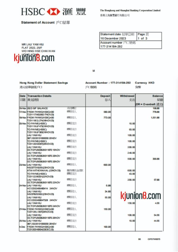 香港汇丰银行流水账单