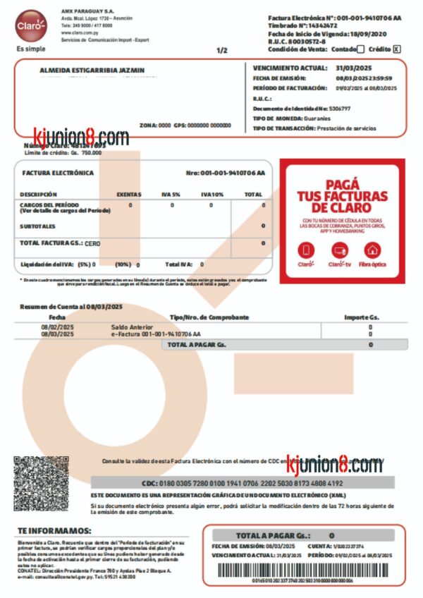 巴拉圭共和国电信宽带发票账单