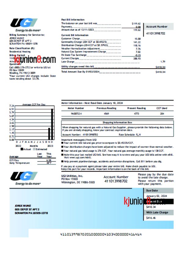 美国燃气费账单