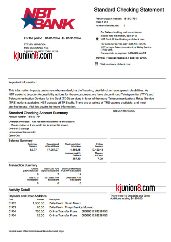 NBT Bank(标准支票账户对账单)