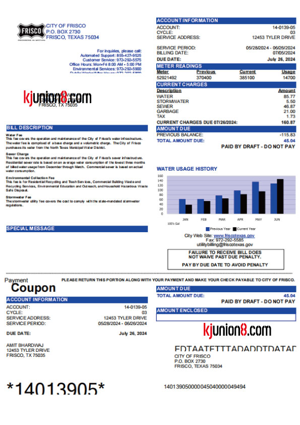 产品 德克萨斯州水费账单