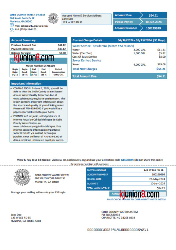 佐治亚州科布县 美国水费账单