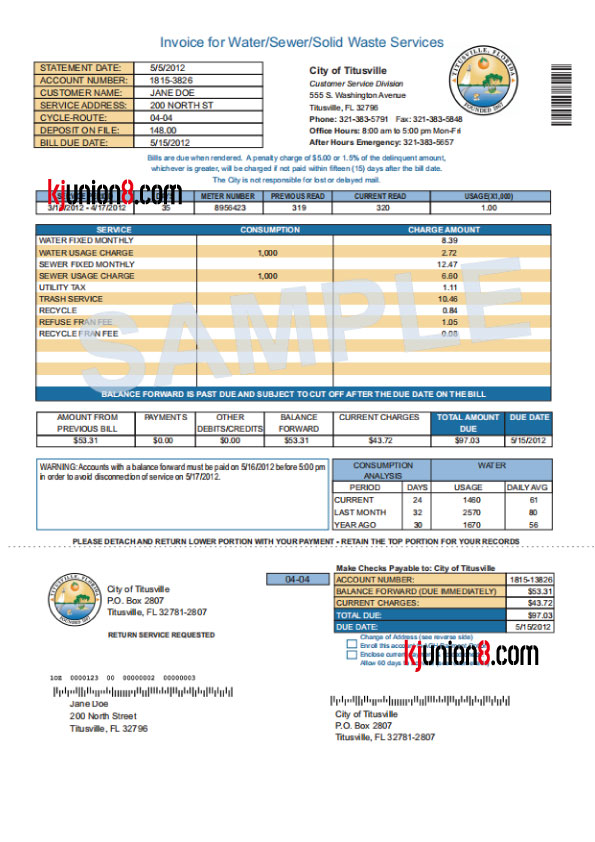 佛罗里达州-蒂图斯维尔市水电账单 美国佛罗里达州水电账单