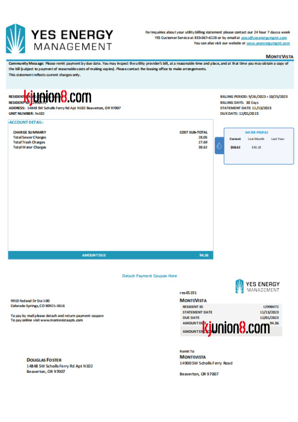 俄勒冈州水费账单 美国俄勒冈州水费账单