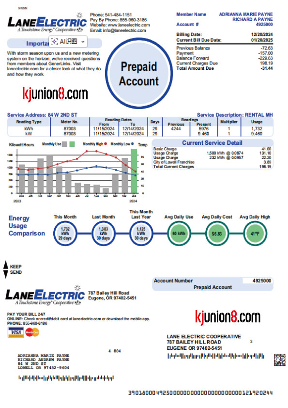 俄勒冈州电费账单 美国俄勒冈州电费账单