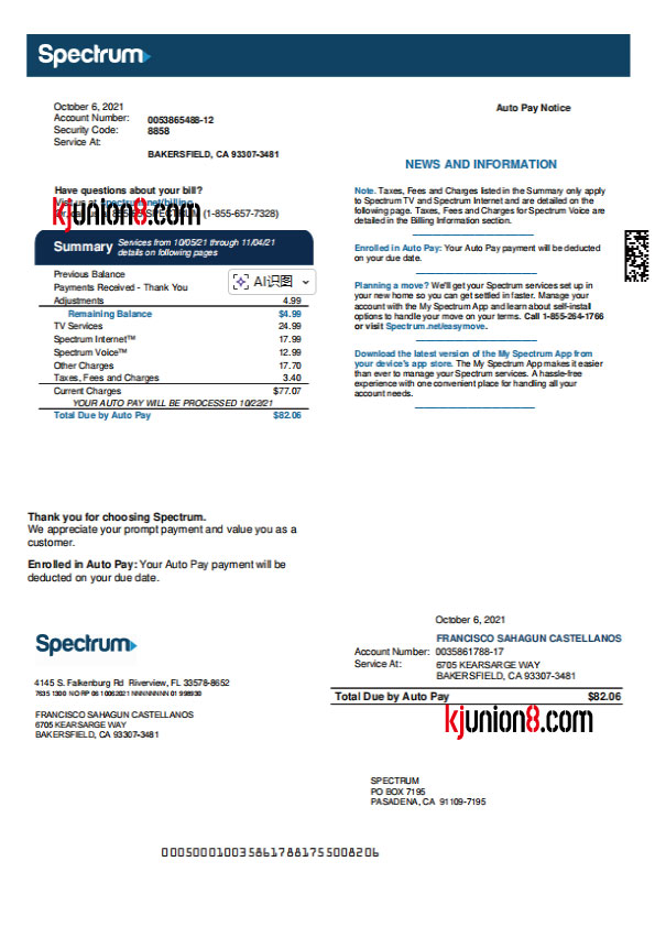 美国加利福利亚州宽带账单