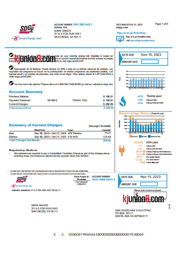 美国加利福尼亚州电费账单