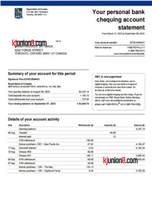 加拿大皇家银行（RBC)个人支票账户对账单