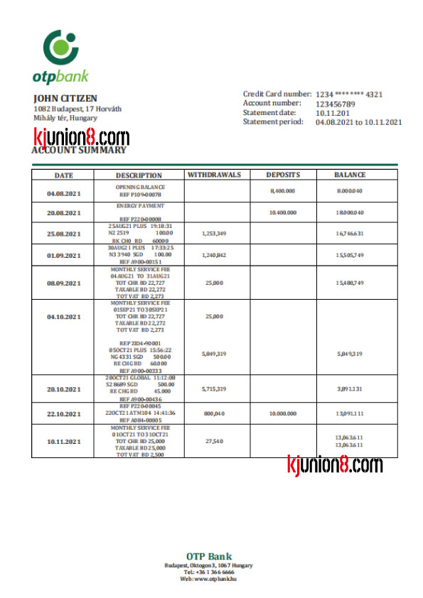 OTB Bank信用卡对账单