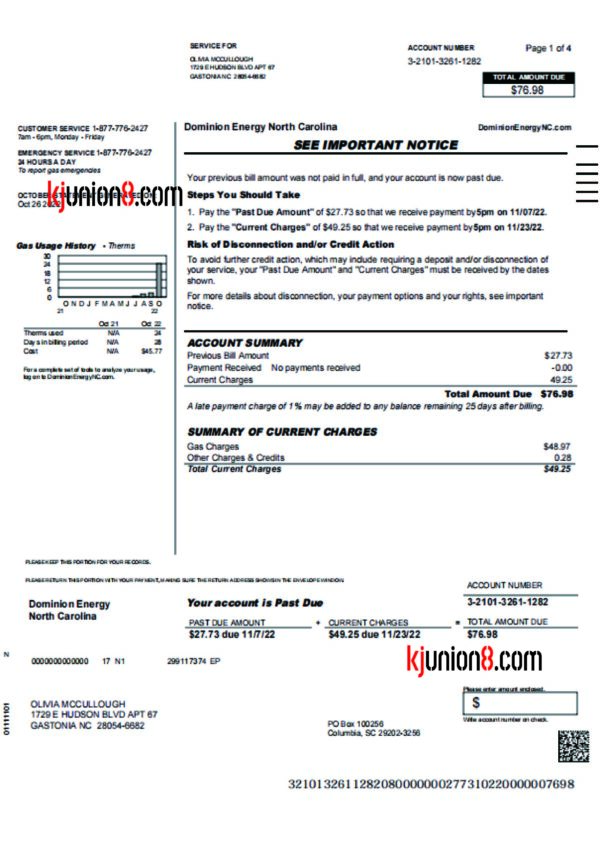 北卡罗来那州燃气费账单