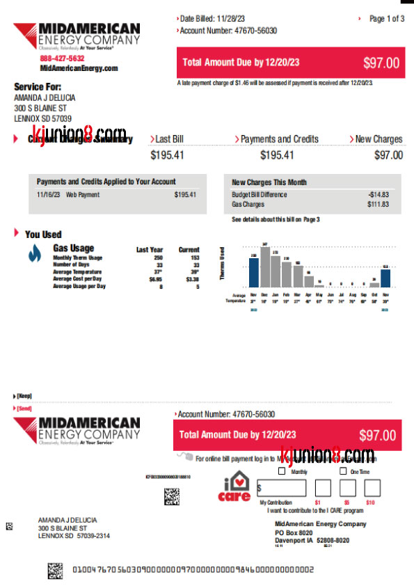 南达科他 美国天然气费用账单