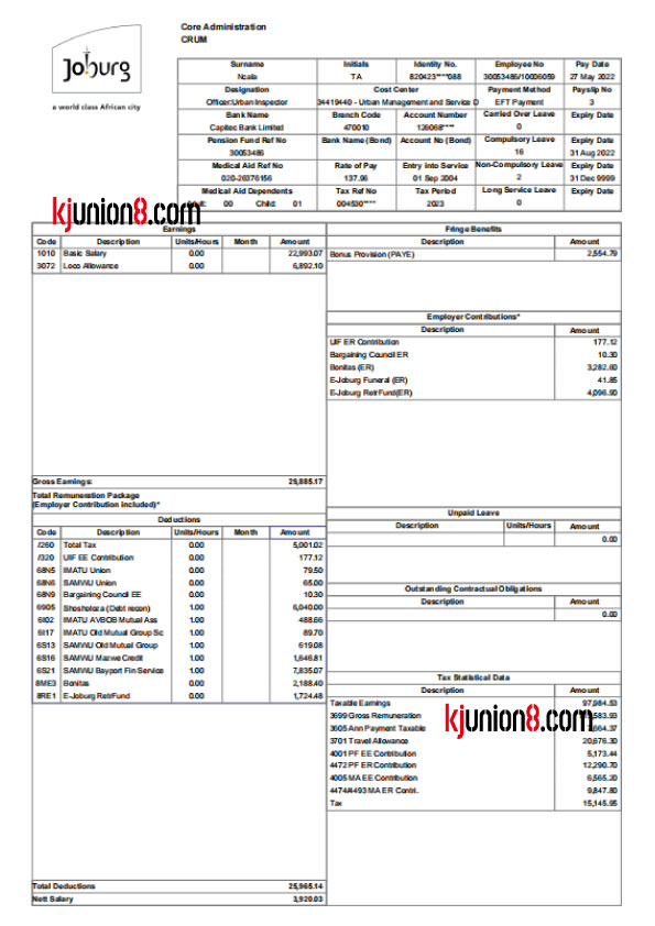 南非约翰内斯堡市市政管理工资单