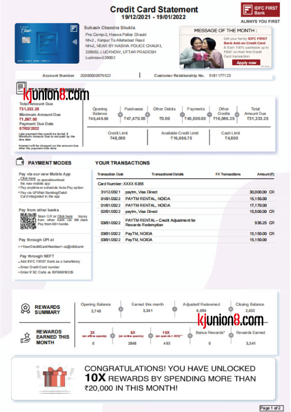 IDFC FIRST Bank信用卡对账单