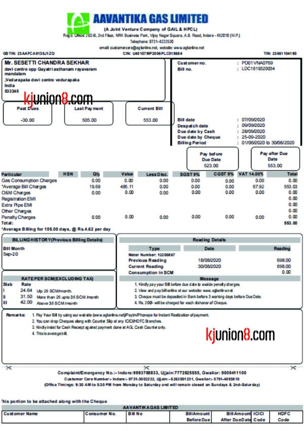 印度印多尔石油和天然气公司账单 印度天然气账单