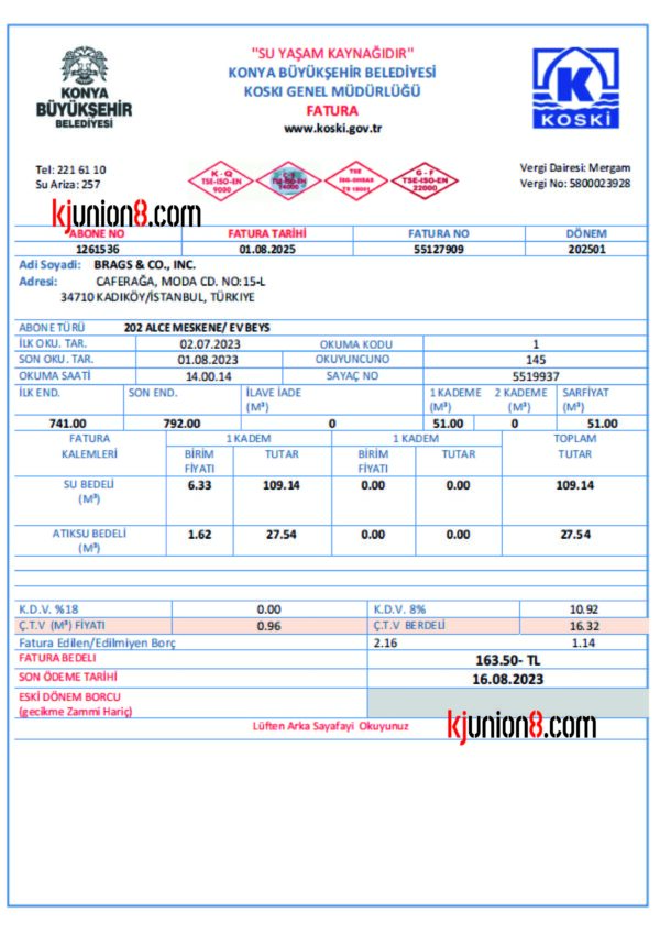 土耳其水费账单 土耳其水费账单