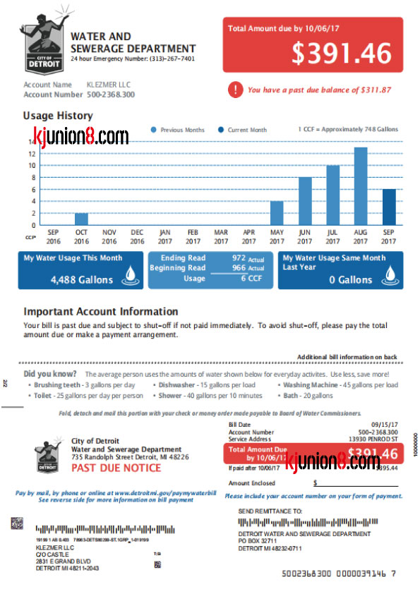 密歇根州底特律市水费账单 美国水费账单