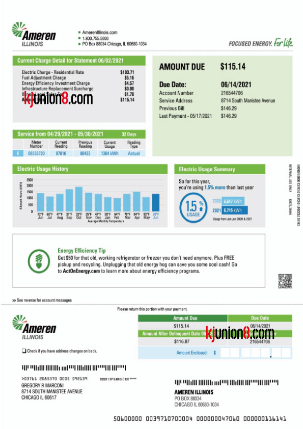 密苏里州-伊利诺州-电力 美国伊利诺伊州电费账单