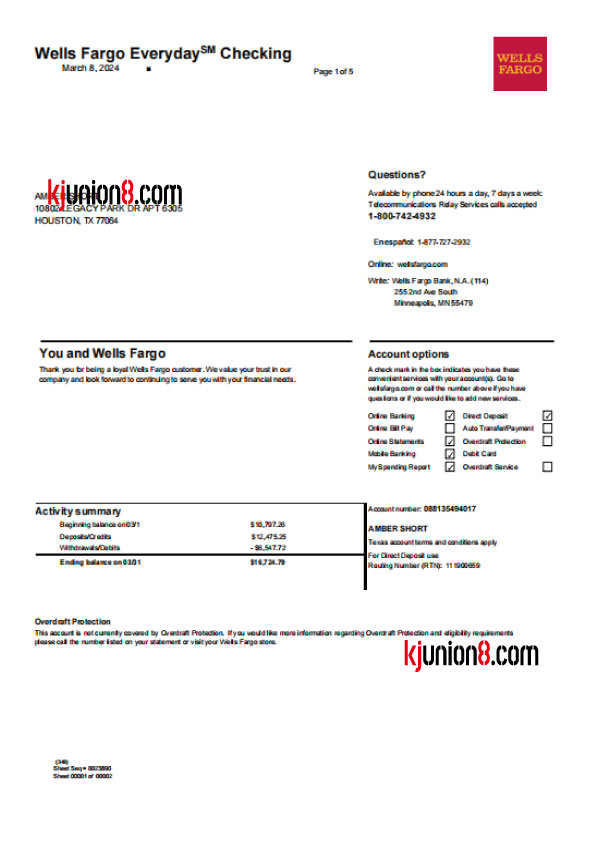 Wells Fargo银行对账单