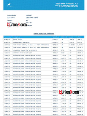 Union Bank of Nigeria PLC银行对账单