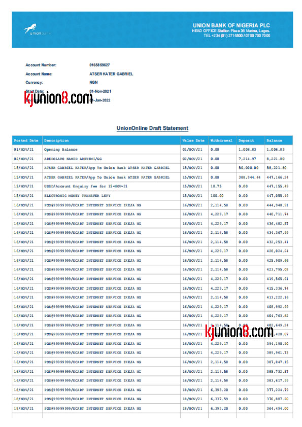 Union Bank of Nigeria PLC银行对账单