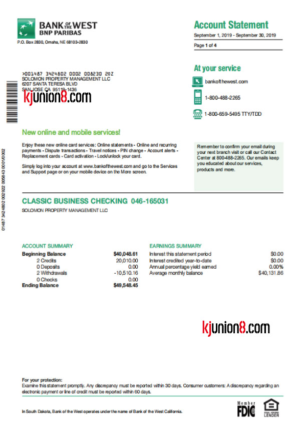 Bank of the West银行对账单