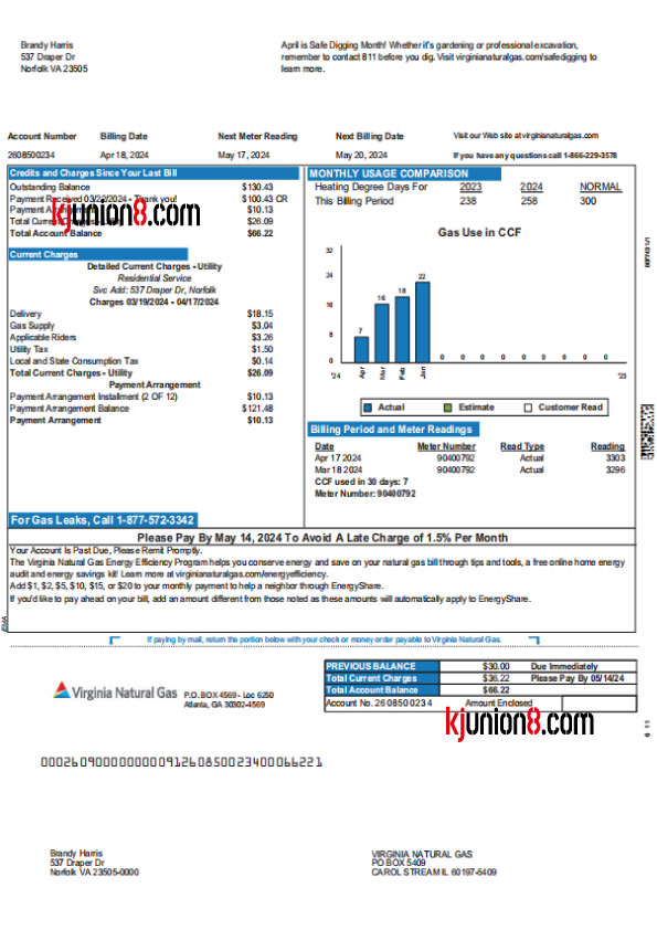 美国弗吉尼亚州燃气费账单