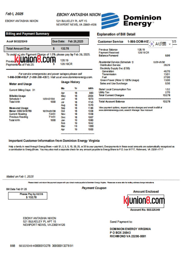 弗吉尼亚州电费账单2 美国弗吉尼亚州电费账单