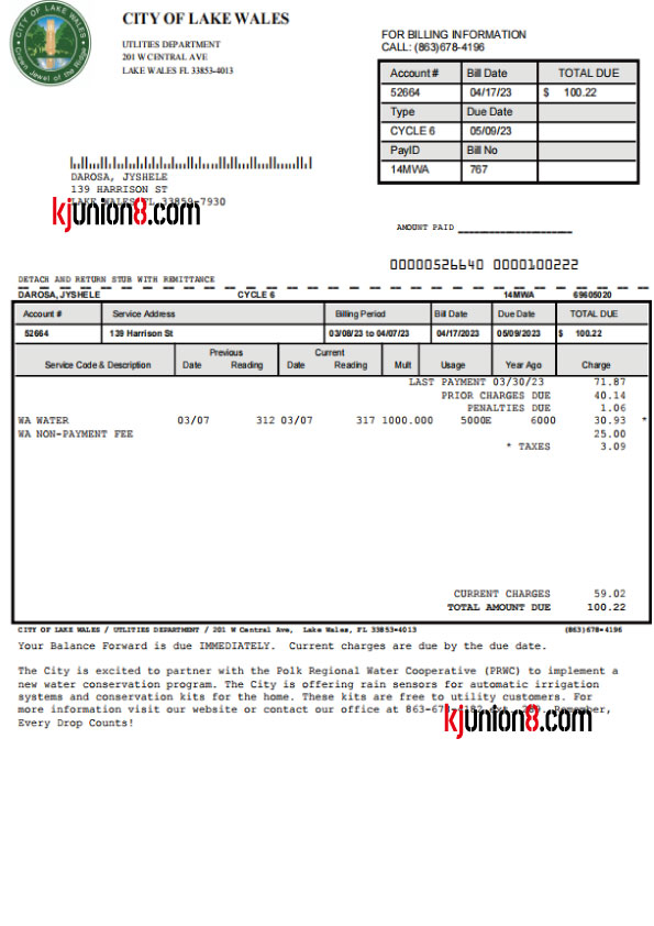 弗罗里达州水费账单 美国弗罗里达州水费账单