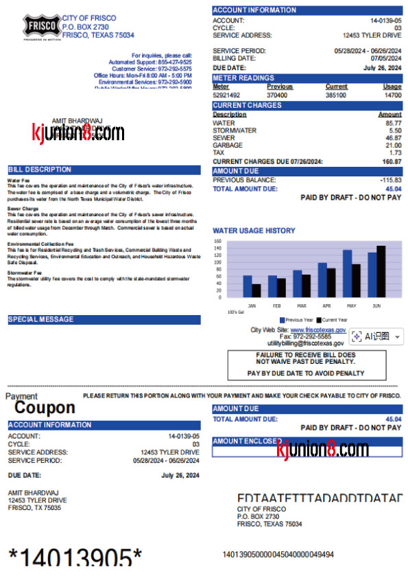美国德克萨斯州水费账单