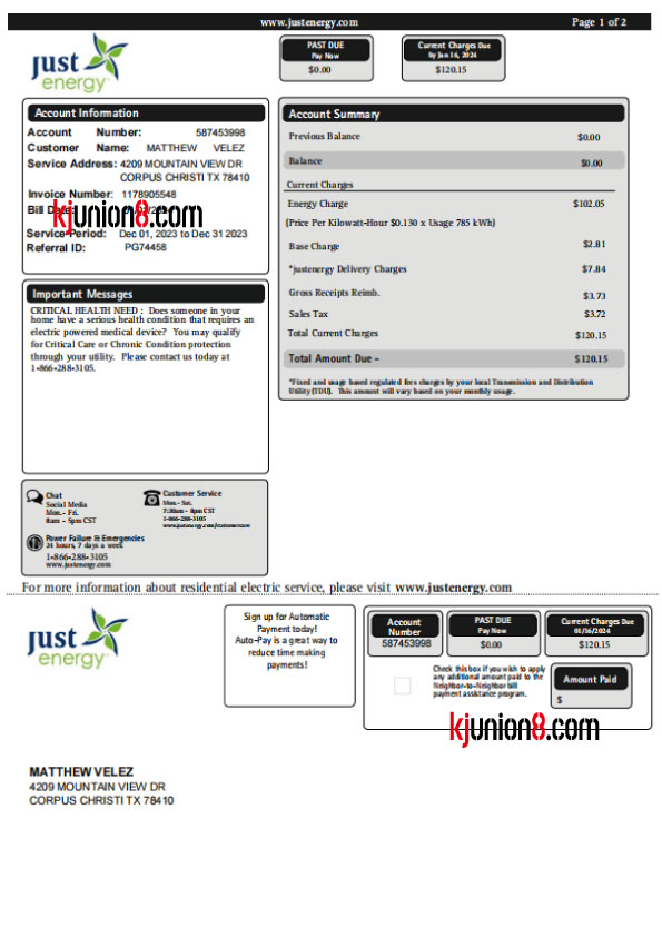 美国德克萨斯州电费账单