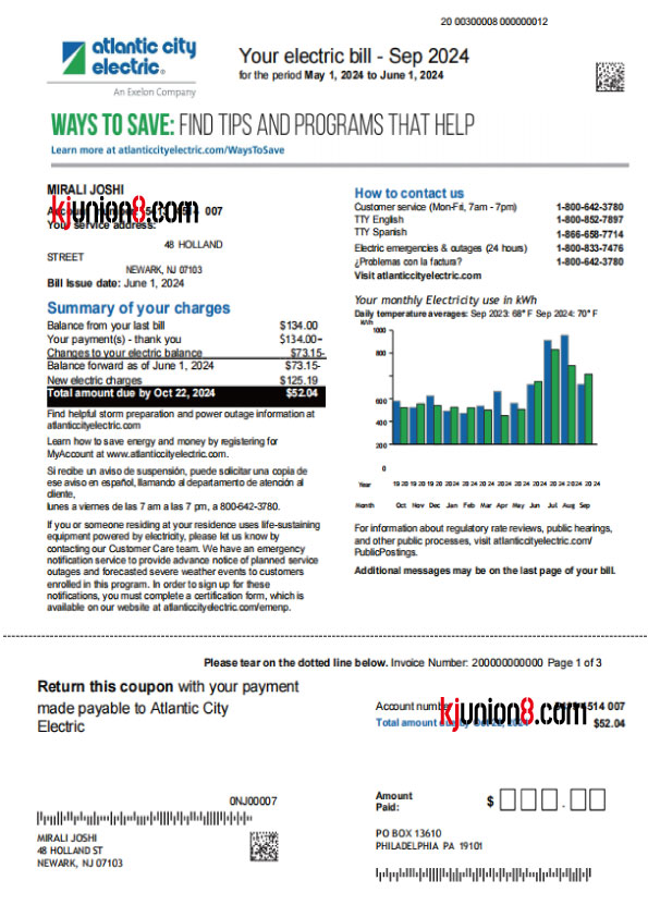 美国新泽西州南部电费账单