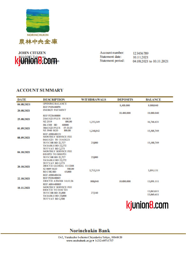 Norinchukin Bank银行对账单