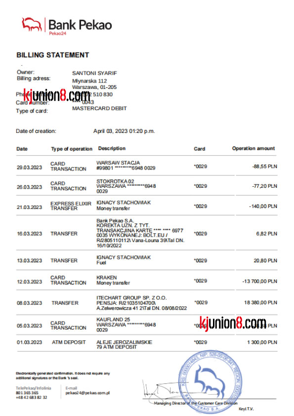 Bank Pekao银行对账单