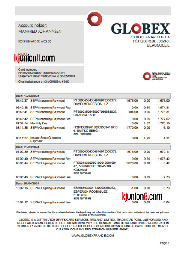 法国银行对账单(1) 法国Globex公司的金融账户对账单